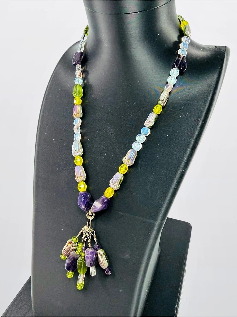 Sterling Silver 925 Purple Lavender Topaz Stone Necklace 16” Quartz Green Boho